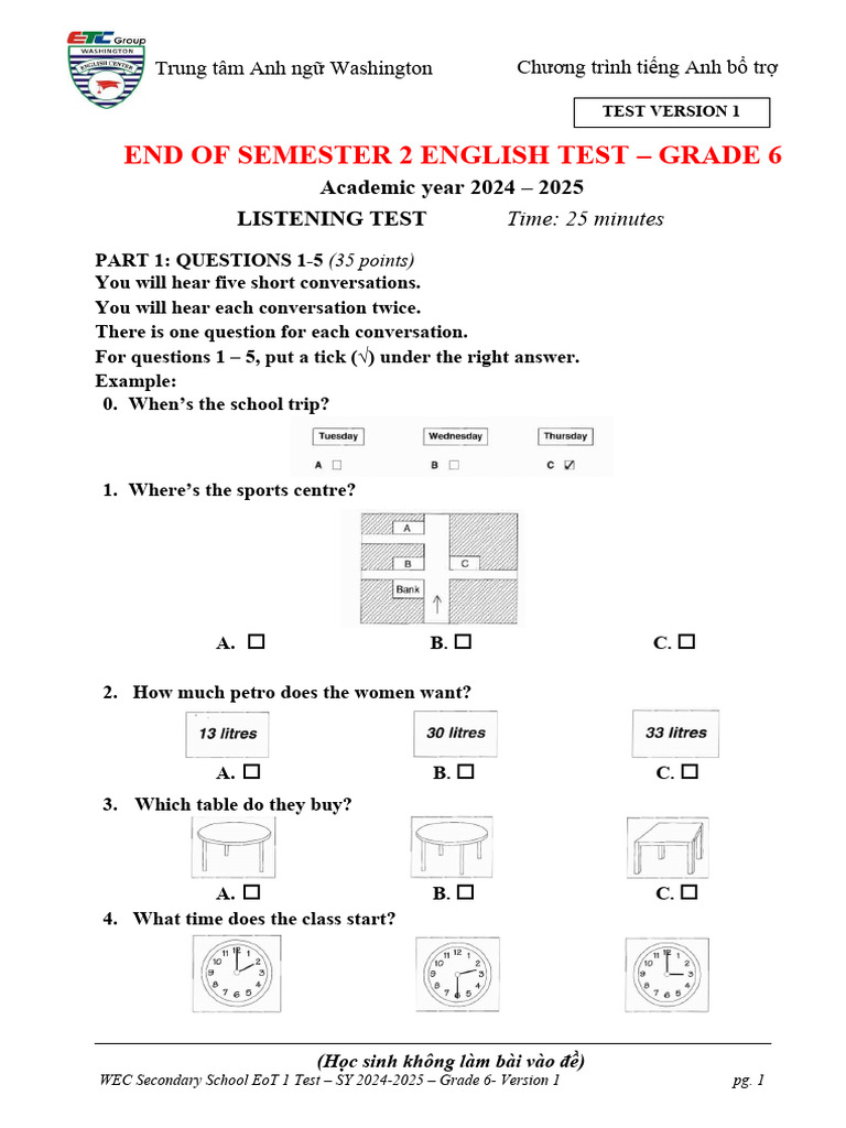 Grade 6 English Listening Test | PDF | Clothing | Fashion