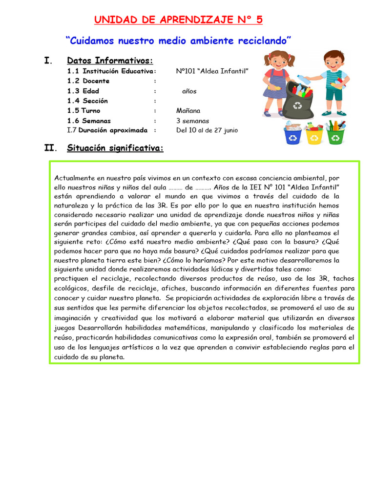 Unidad de Aprendizaje N 5 Cuidado Del Medio Ambiente Adaptado | PDF ...