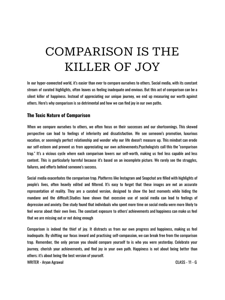 Comparison Is The Killer of Joy PDF Self Esteem Social