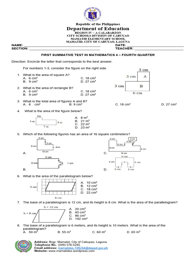 First Summative Test Fourth Quarter | PDF | Area | Elementary Geometry