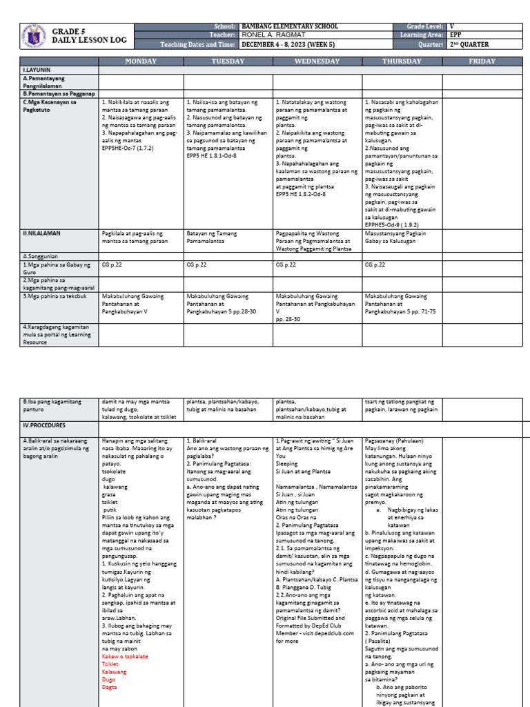 DLL - Epp 5 - Q2 - W5 | PDF