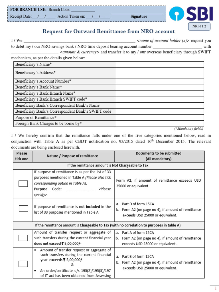 Outward Remittance Request Form NRO Account | PDF | Insurance | Banks