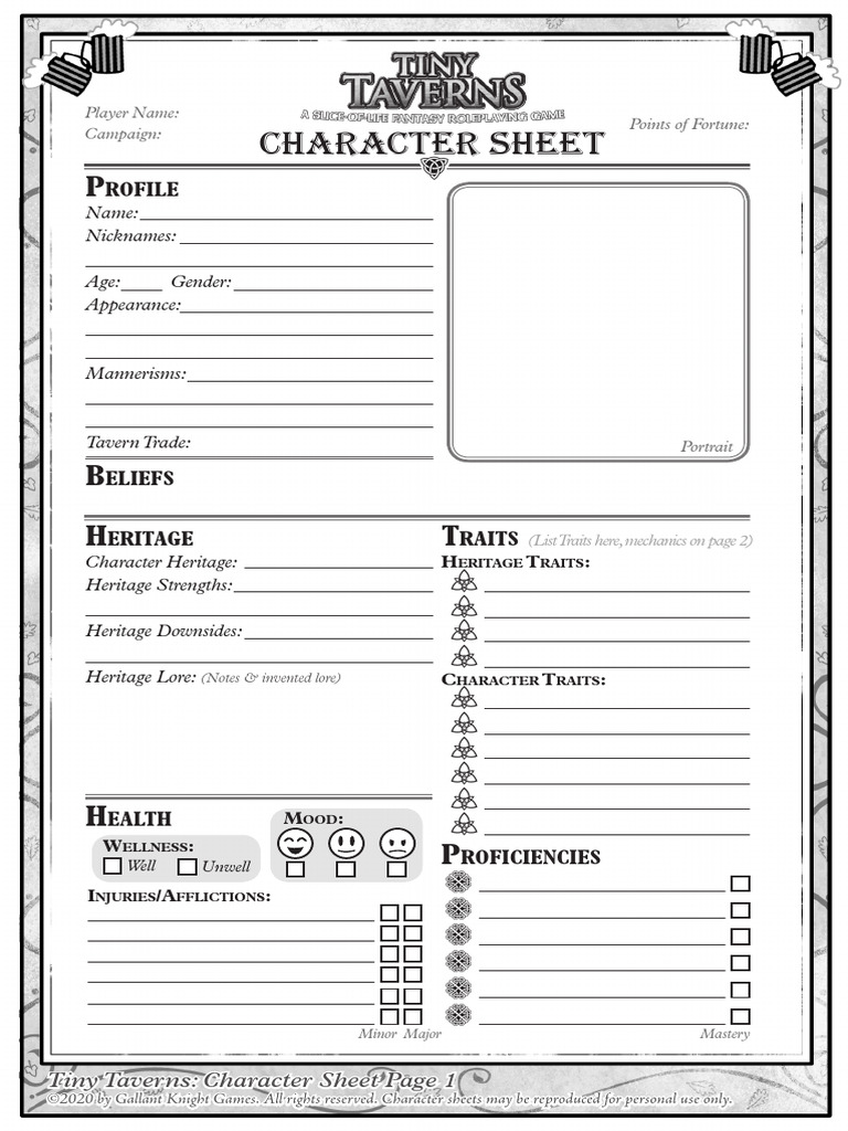 Tiny Taverns - Character Sheet | PDF | Psychology | Social Psychology