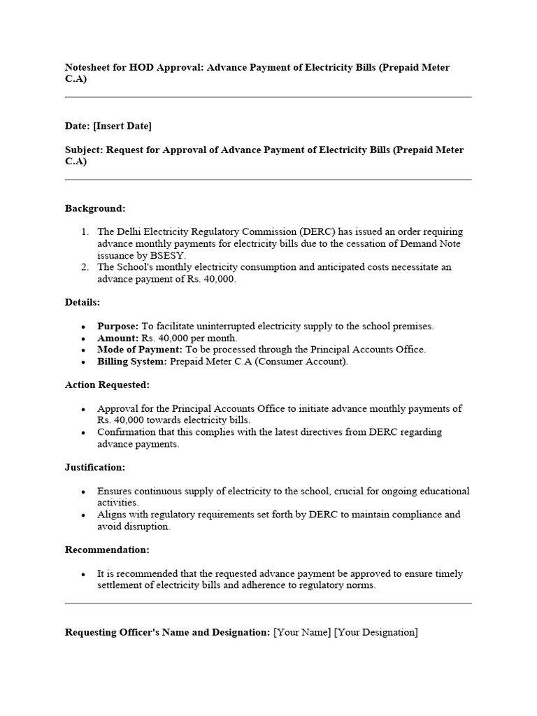 HOD Approval for Advance Electricity Payment | PDF | Regulatory ...