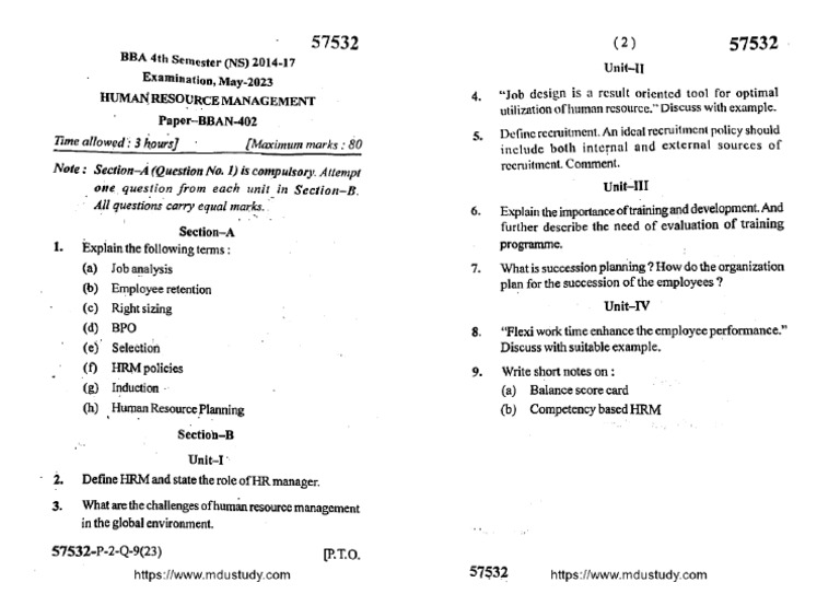 Bba 4 Sem Human Resource Management 57532 May 2023 | PDF