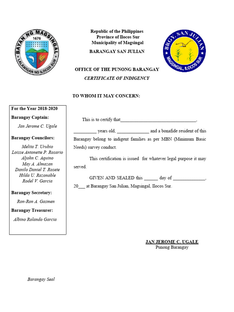 Certificate of Indigency - Barangay San Julian | PDF