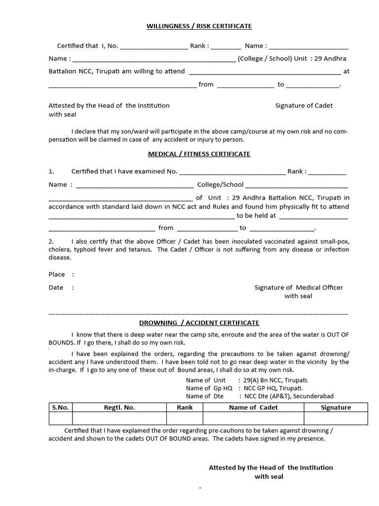 NCC Participation Risk and Medical Certificate | PDF | Vaccination ...