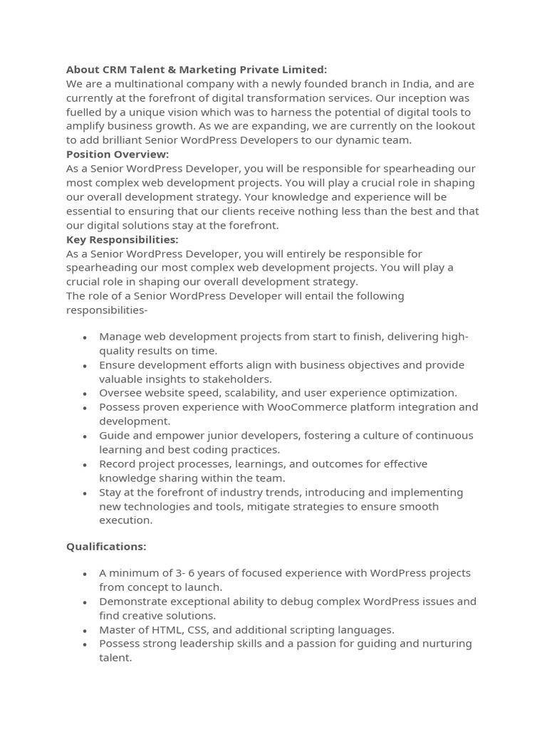 Senior WordPress Developer Role | PDF | Web Development