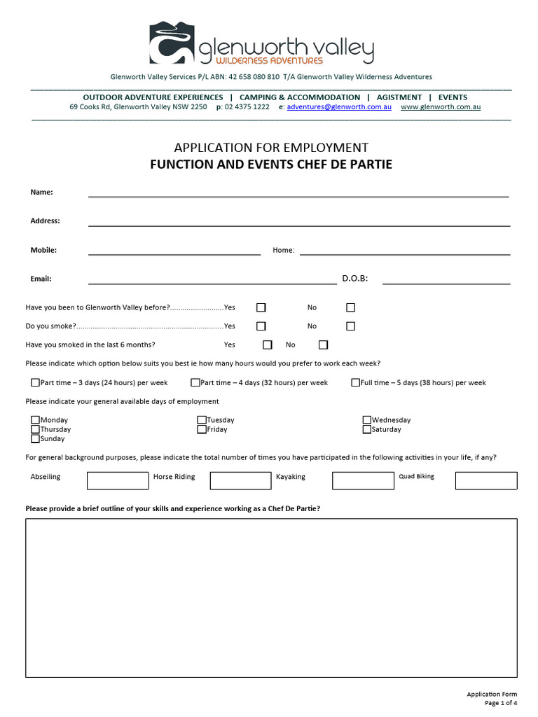 Chef De Partie Employment Application Form | PDF | Business
