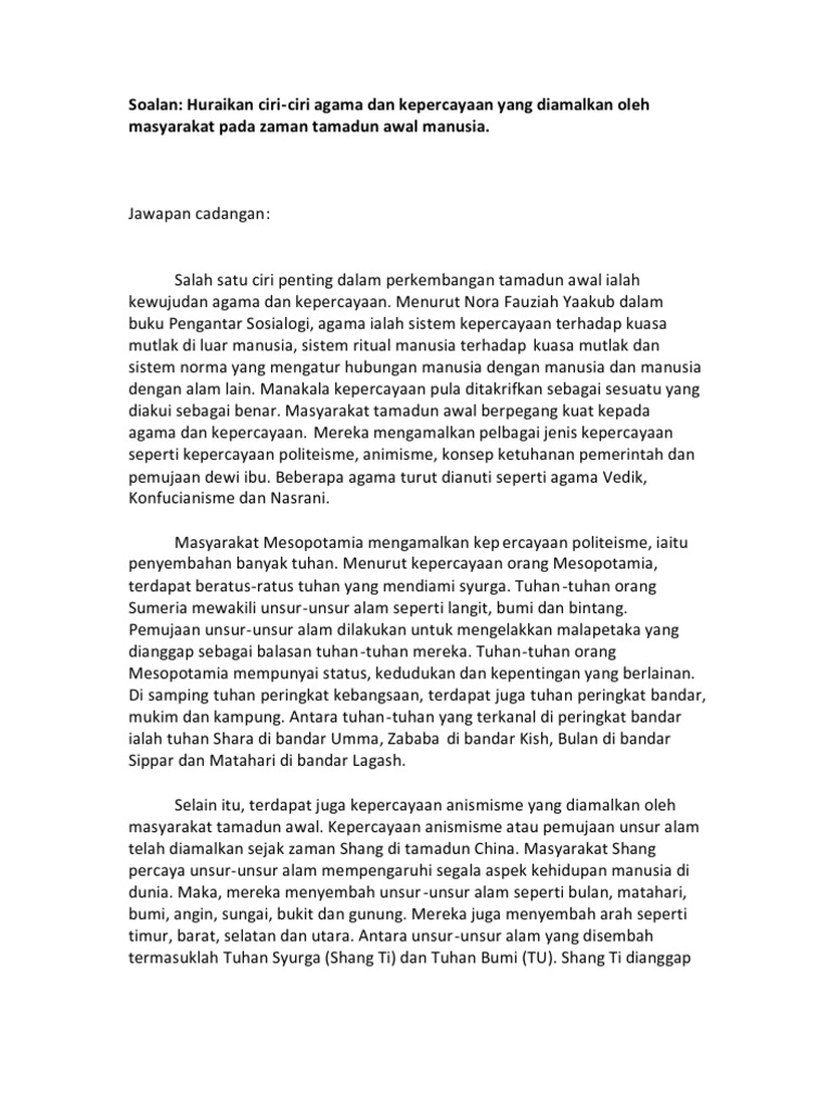 Ciri Ciri Agama Dan Kepercayaan Yang Diamalkan Oleh Masyarakat Pada Zaman Tamadun Awal Manusia Pdf