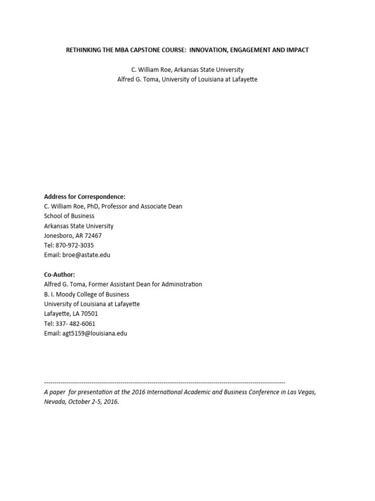 Redesigning The Mba Capstone Course 2 Pdf Master Of Business