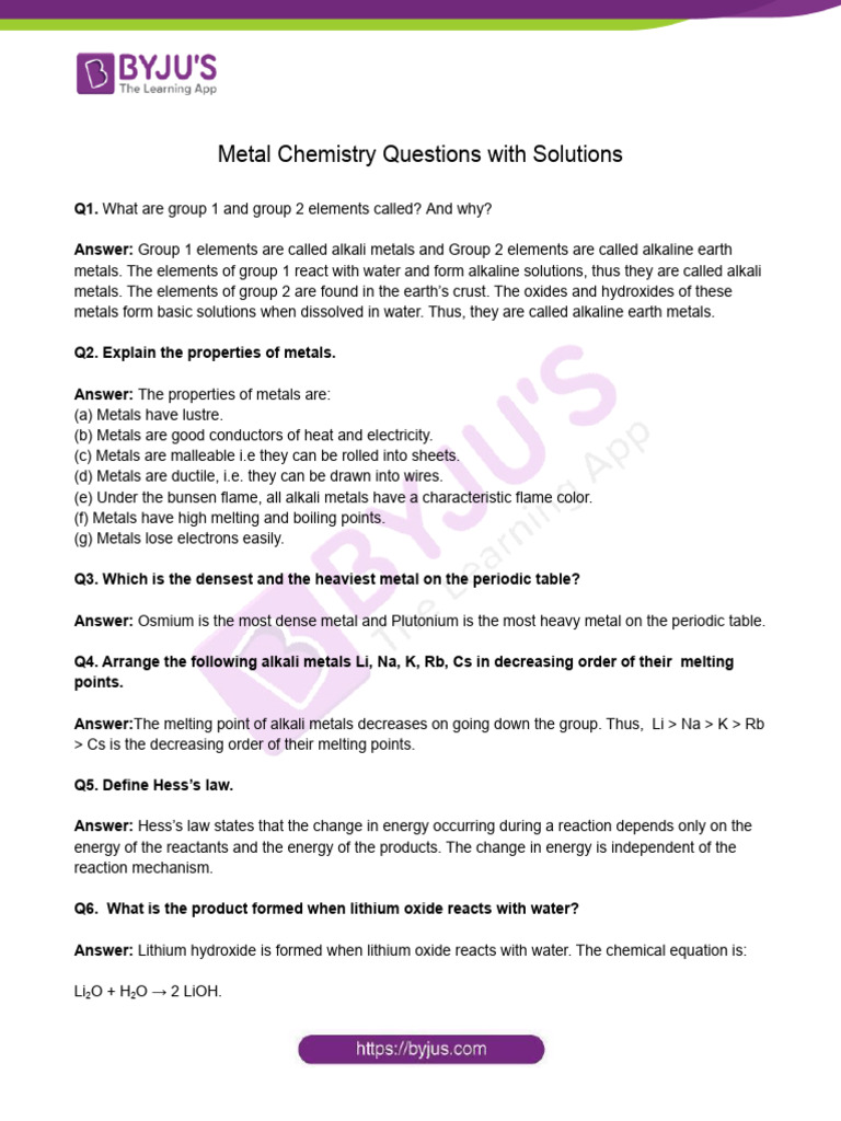 Metal Chemistry Q&A with Solutions | PDF | Carbonate | Calcium
