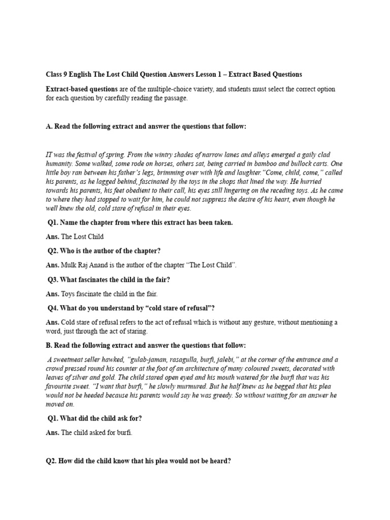 The Lost Child Question Short QA and MCQs PDF