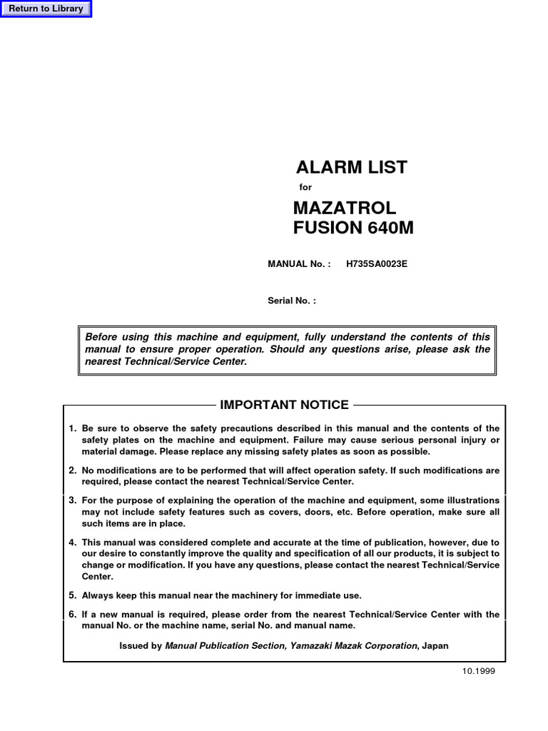Mazatrol Fusion 640M Alarm Codes List | PDF | Machining | Manufactured ...