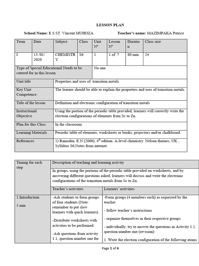 LESSON PLAN AIMS | Download Free PDF | Transition Metals | Electron ...