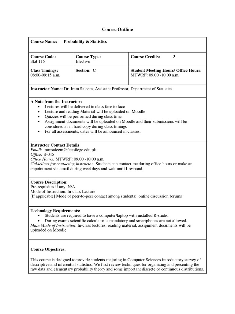 Course Outline - Stat 115 (C) - Iram Saleem (PH.D.) - 2 | PDF ...