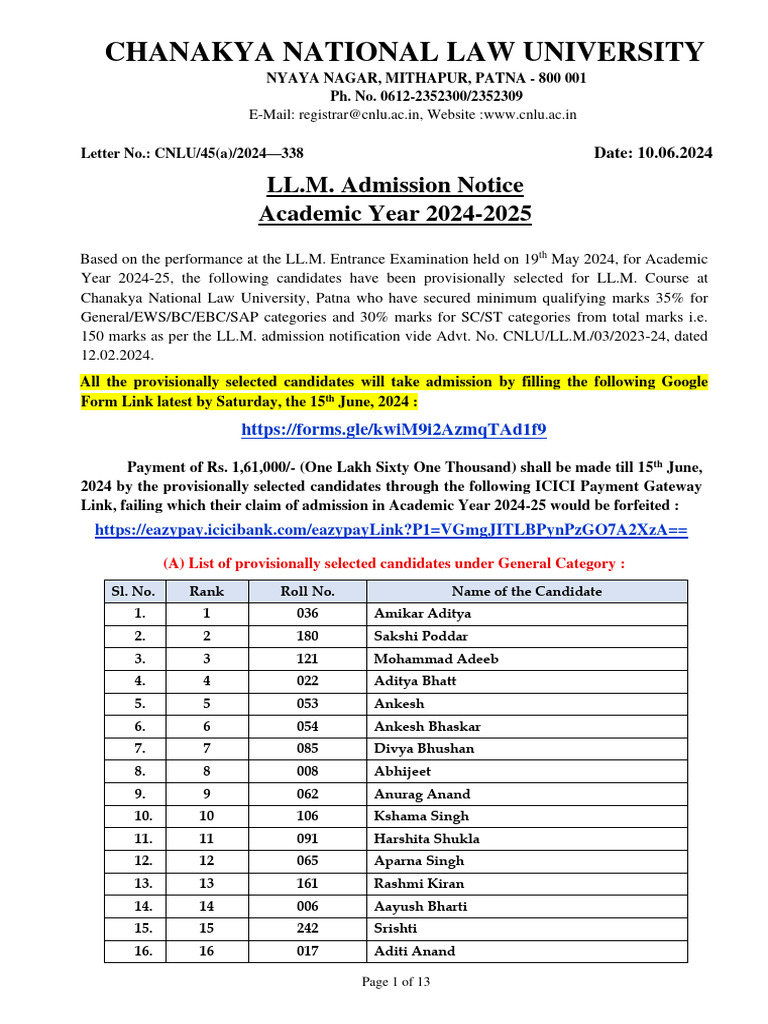 Admission Notice LL.M. 2024 25 10.06.2024 | PDF | Affidavit