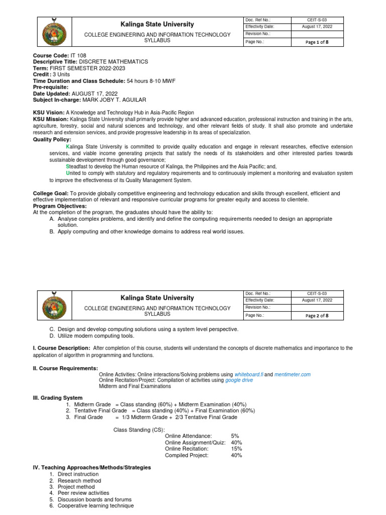 Discrete Mathematics Syllabus - KSU | PDF | Logic | Mathematics