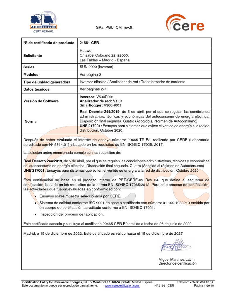 Huawei Certificate UNE-217001 2-50KTL-M3 ES | PDF | Transformador ...