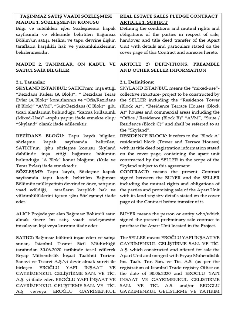 Eroglu Skyland REAL ESTATE SALES PLEDGE CONTRACT | PDF