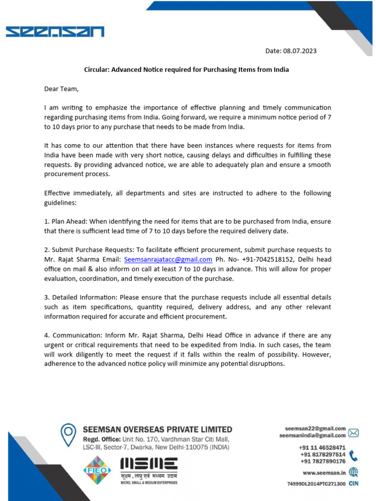 Circular Advanced Notice required for Purchasing Items from India | PDF