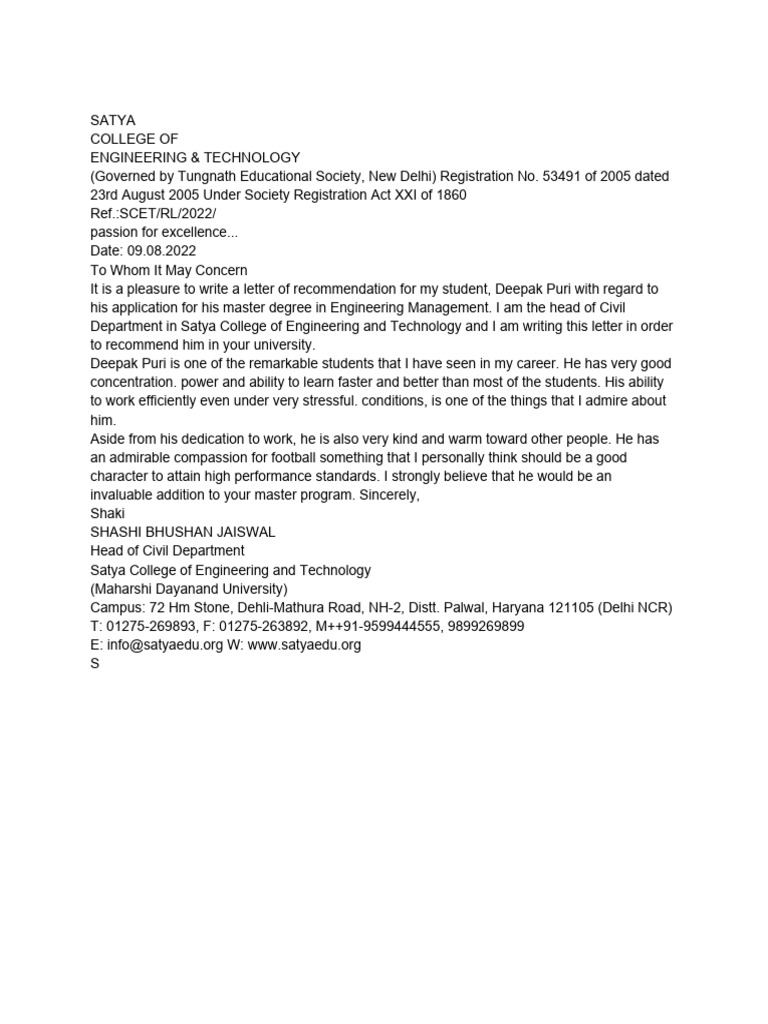 Recommendation Letter for Deepak Puri | PDF | Career & Growth | Business