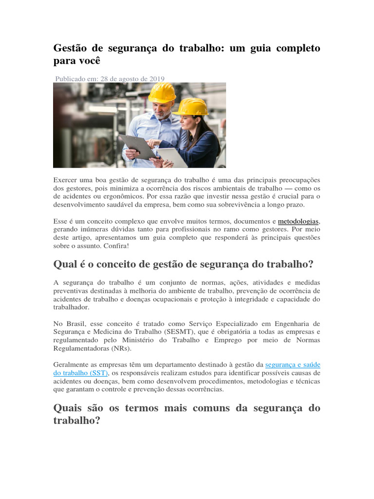 Guia Completo de Gestão de Segurança do Trabalho | PDF | Despesa ...
