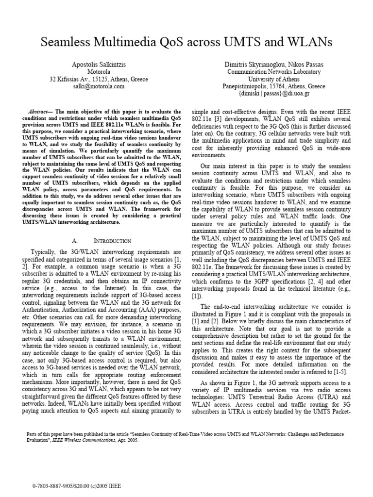 Seamless Multimedia QoS Across UMTS and WLANs | PDF | Ieee 802.11 ...