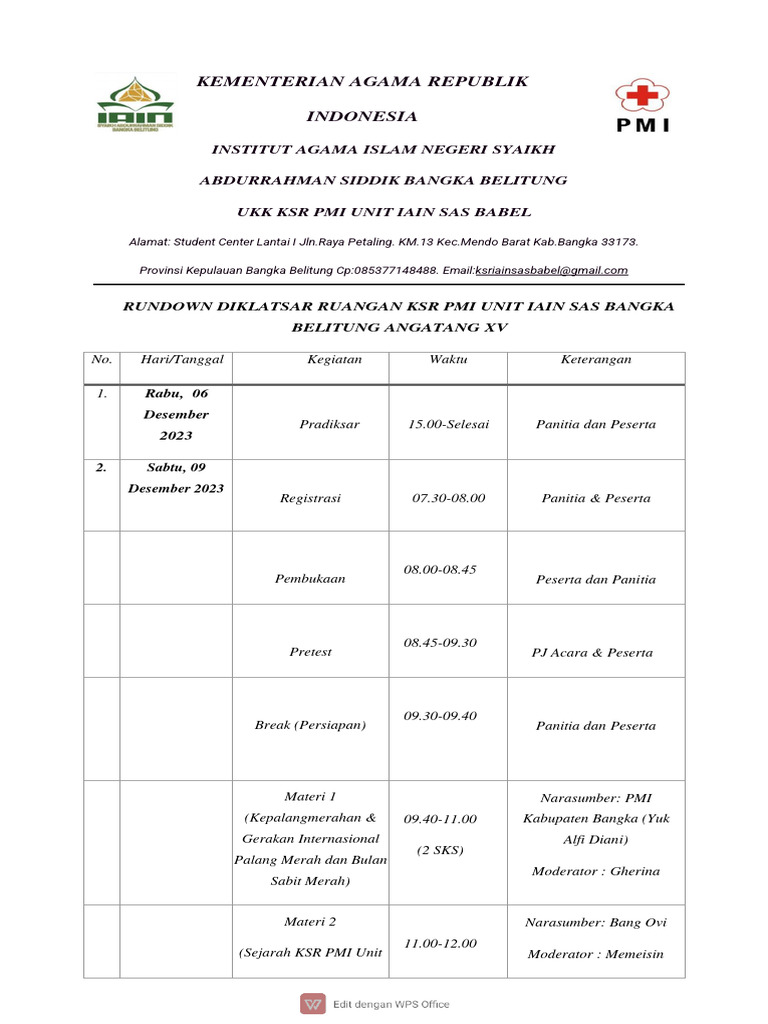 Rundown Diklat KSR PMI IAIN SAS Babel | PDF