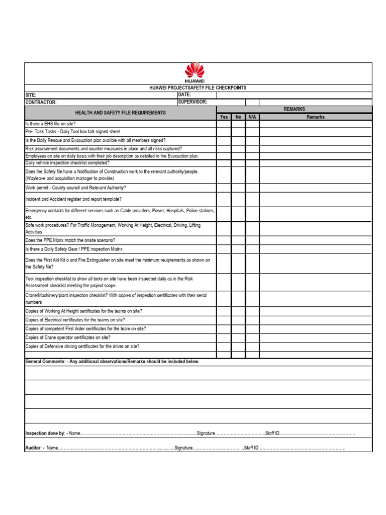 Huawei Project Safety File Checklist | PDF | First Aid | Occupational ...