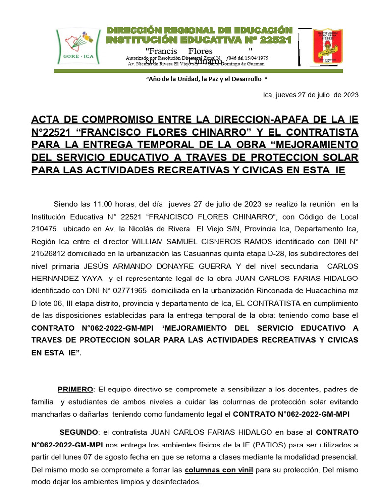 Acta de Comromiso Inicio de Clases | PDF