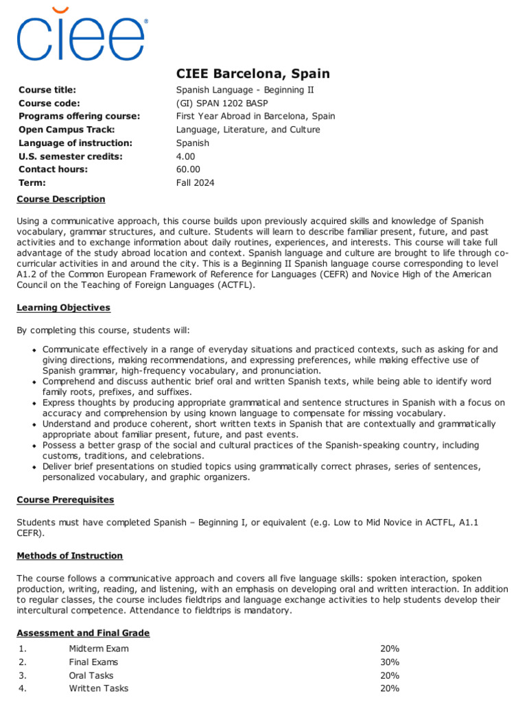 (GI) SPAN 1202 BASP - Fall 2024 | PDF | Spanish Language | Adjective