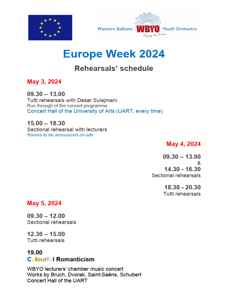 Europe Week 2024 Rehearsal Schedule | PDF