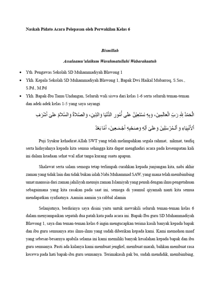 Naskah Pidato Acara Pelepasan Oleh Perwakilan Kelas 6 PDF