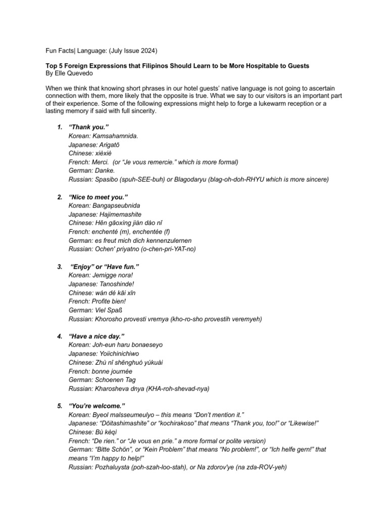 Essential Foreign Phrases for Hospitality | PDF | Language Arts ...