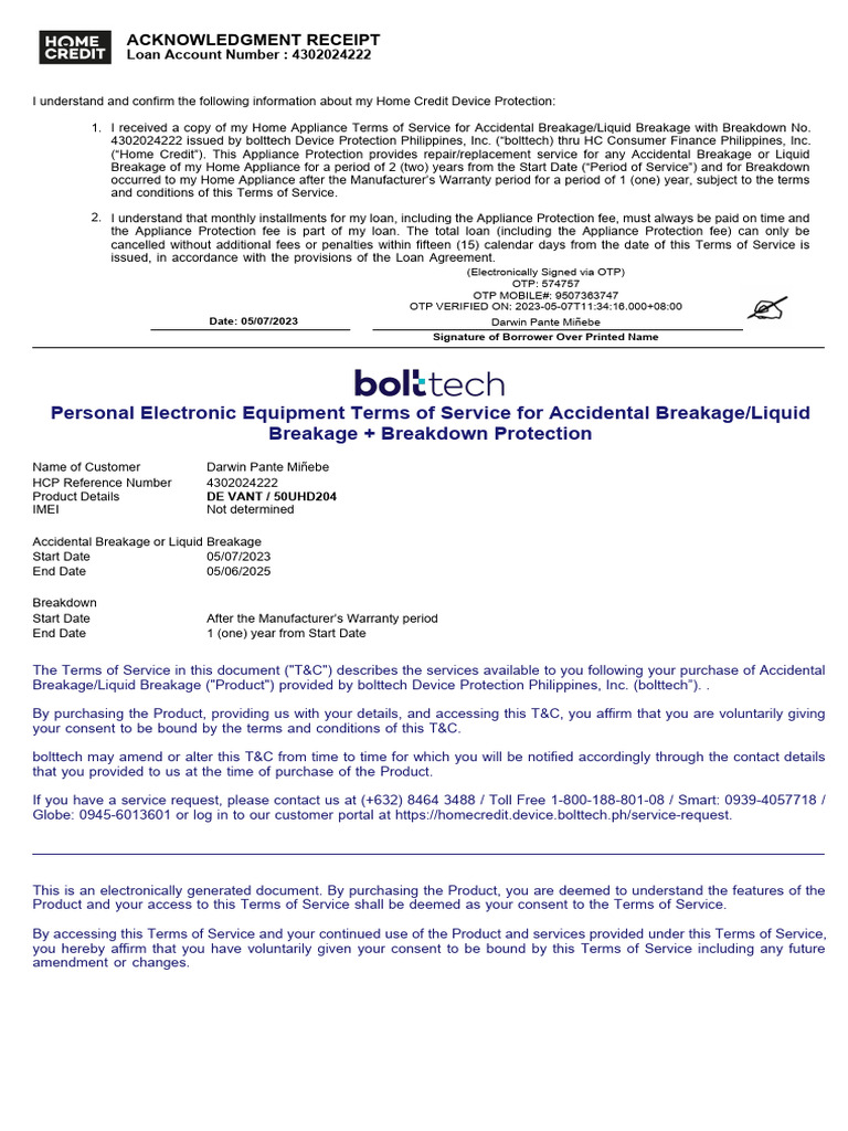 Personal Electronic Equipment Terms of Service For Accidental Breakage ...