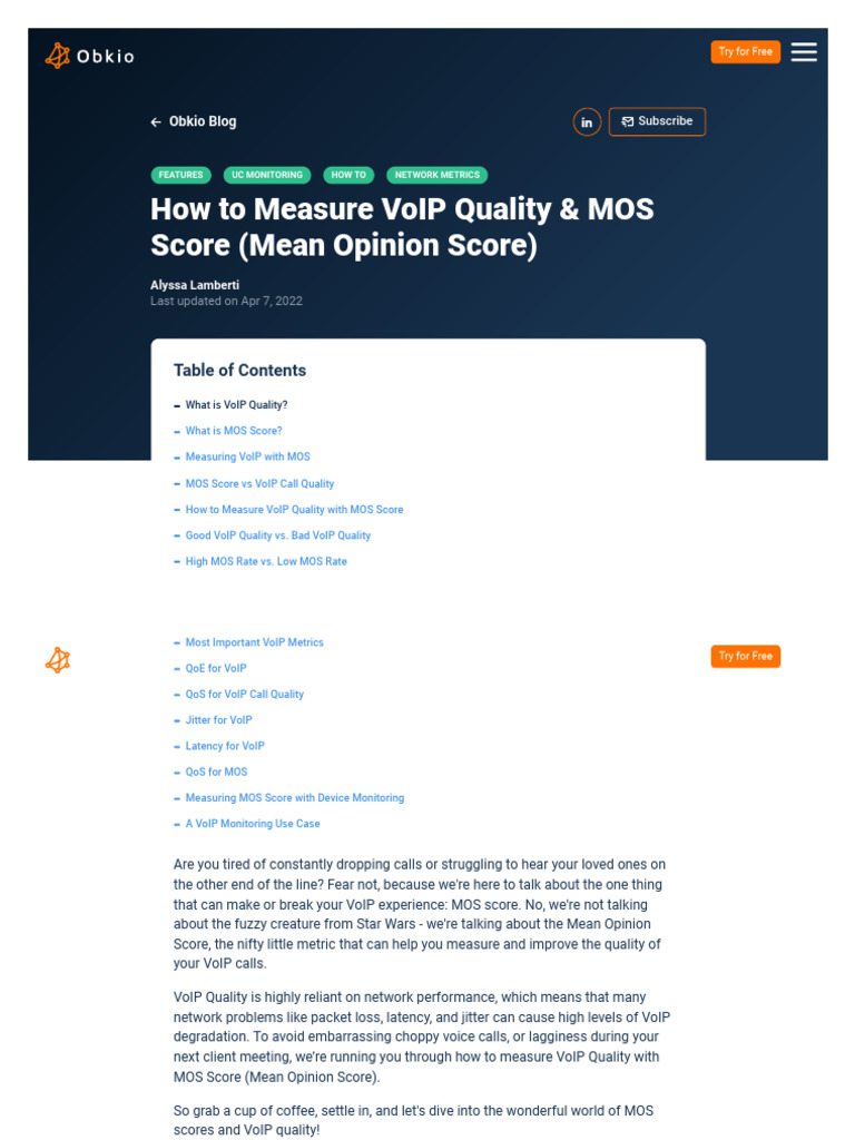How To Measure VoIP Quality & MOS Score - Obkio | PDF | Quality Of ...