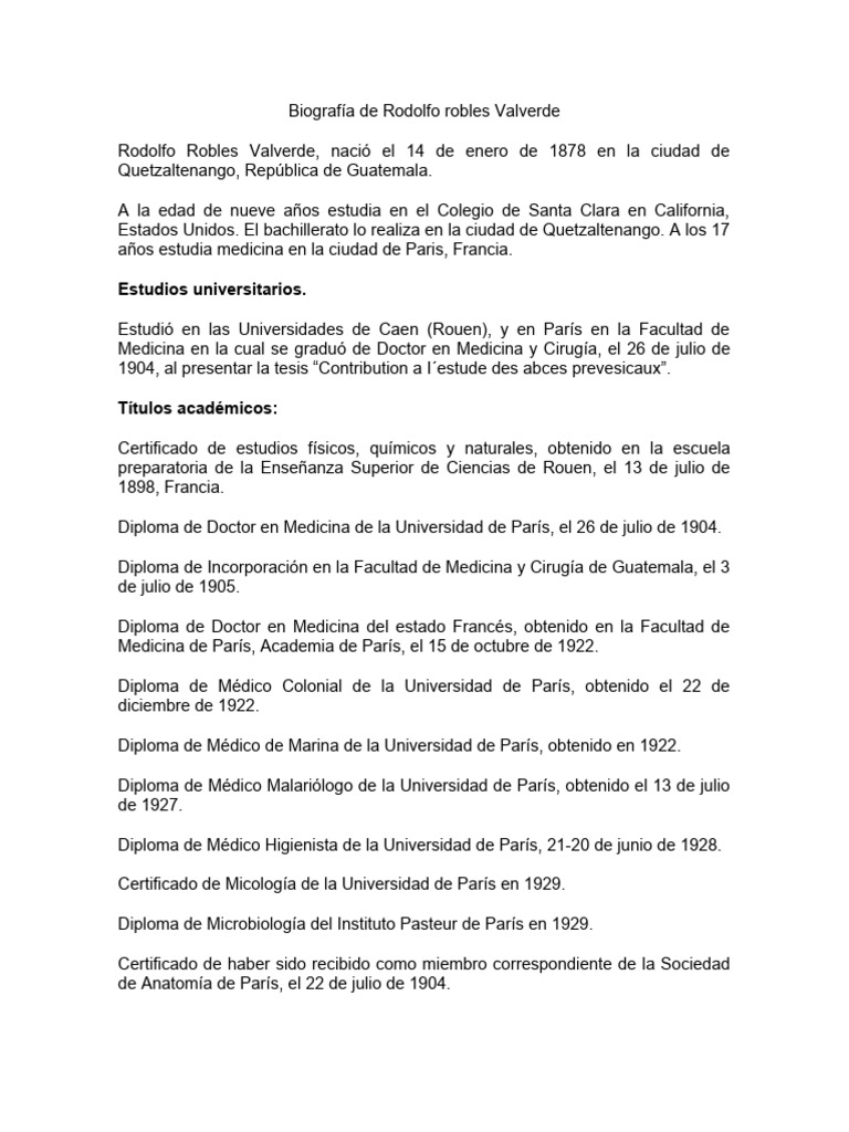 Biografía de Rodolfo robles Valverde PDF Universidad Medicina