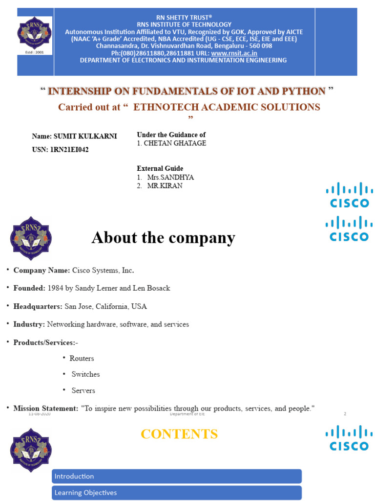 Internship ON Fundamentals of Iot and Python Carried Out at 