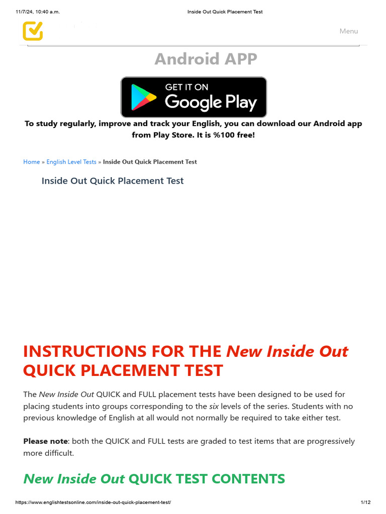 Inside Out Quick Placement Test Pdf Google Play
