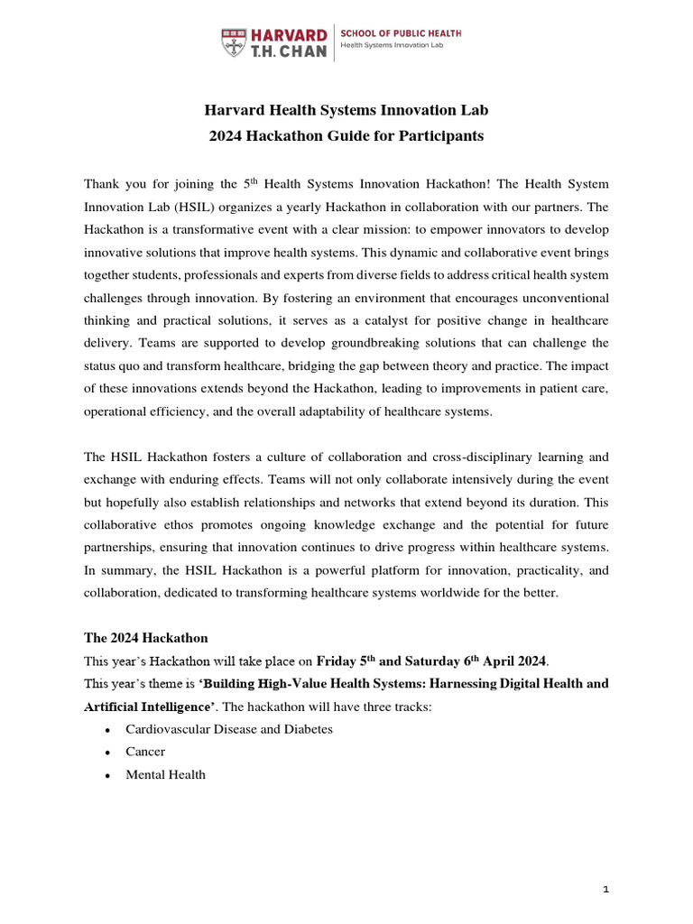 2024 HSIL Hackathon Participant Guide | PDF | Health System | Innovation