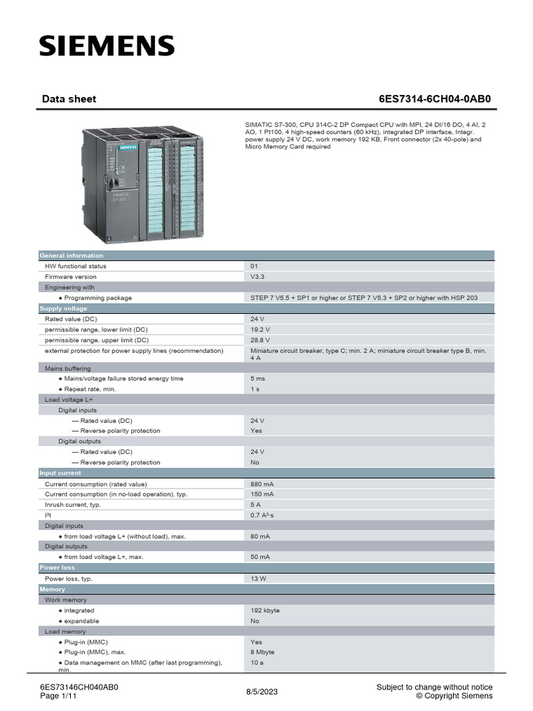 SIMATIC S7-300 CPU 314C-2 DP Data Sheet | PDF | Electrical Resistance ...