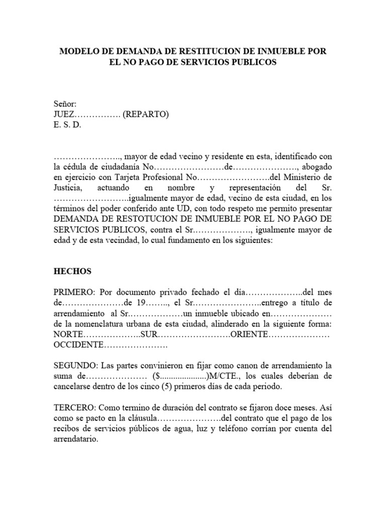 Demanda de Restitución de Inmueble | PDF | Demanda judicial | Gobierno
