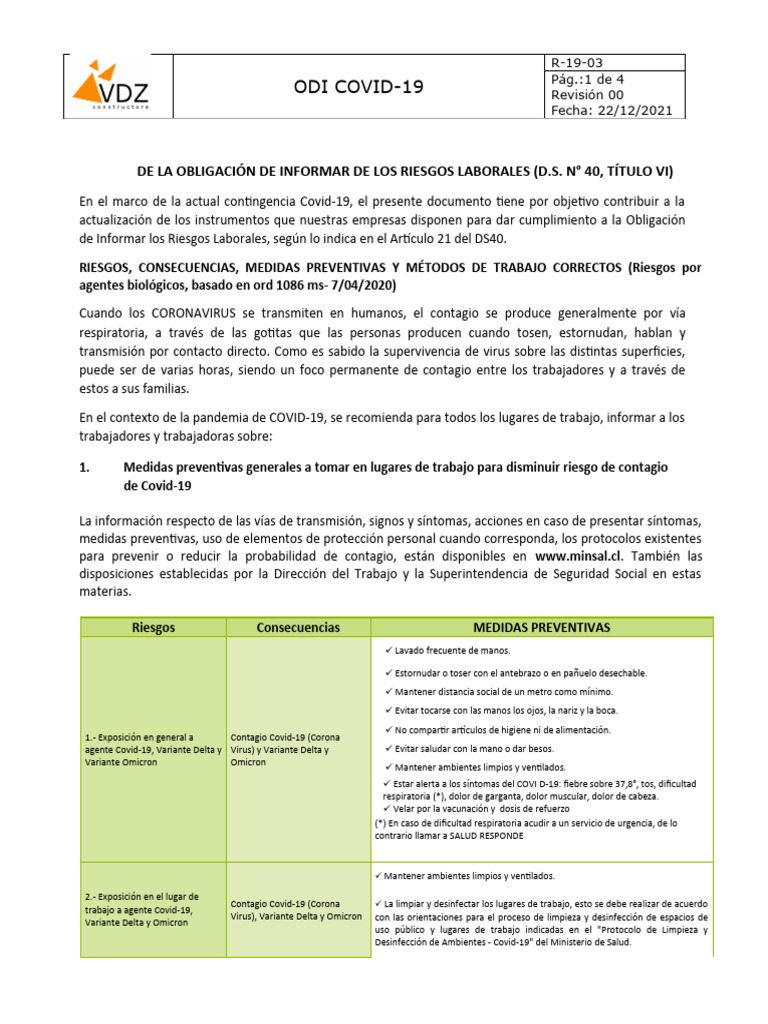 R-C19-03 ODI Covid-19 Rev00 | PDF | Lavado de manos | Ciencias de la Salud