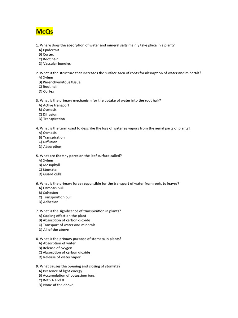 Plant Water Absorption and Transpiration | PDF | Stoma | Root