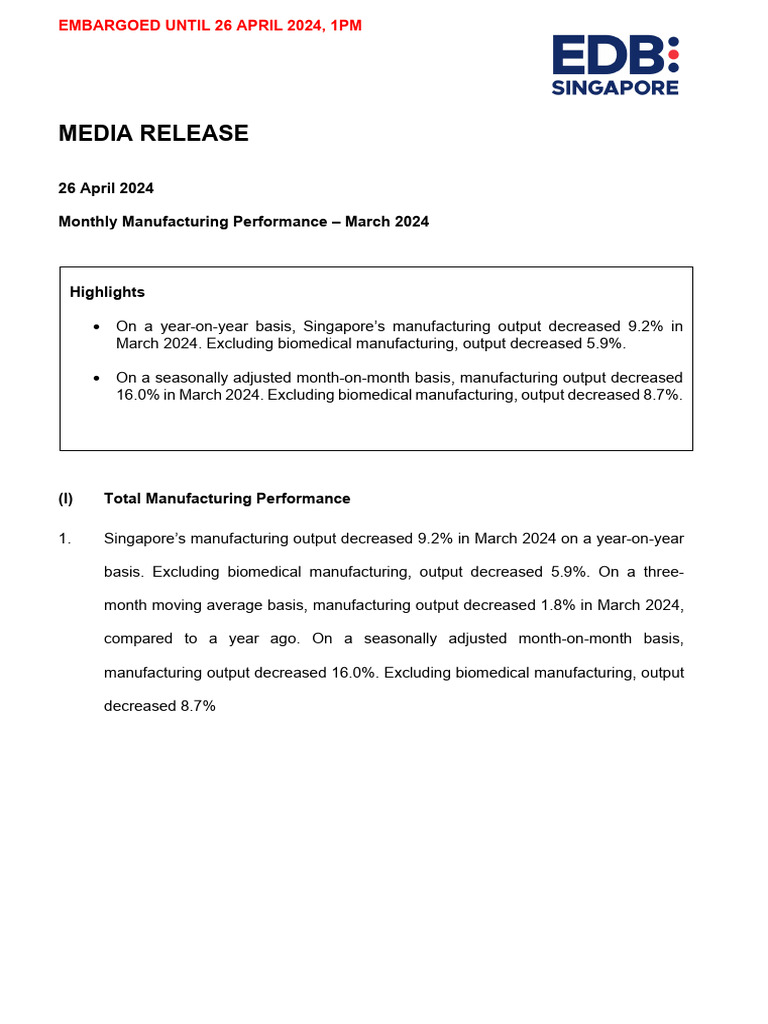 Singapore March 2024 Manufacturing Report | PDF | Electronics | Engineering