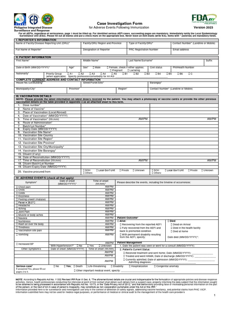 AEFI Case Investigation Form 2023 | PDF | Medical Diagnosis | Health Care