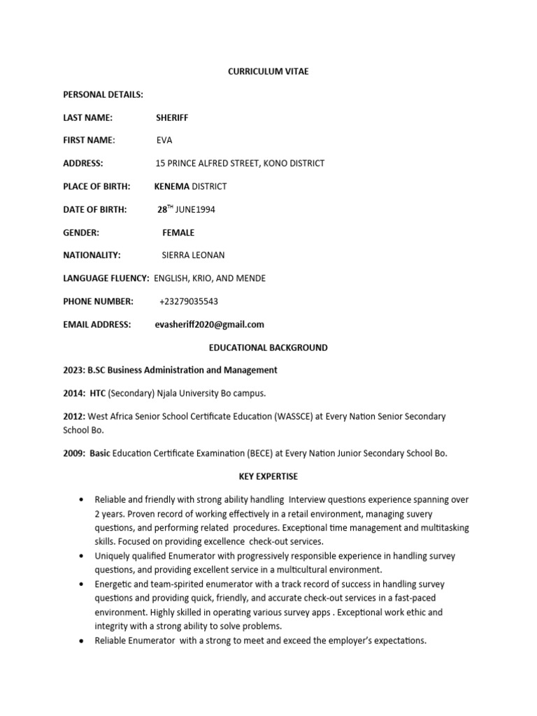 Cv for eva sheriff for an enumerator at posterity thinker pdf business