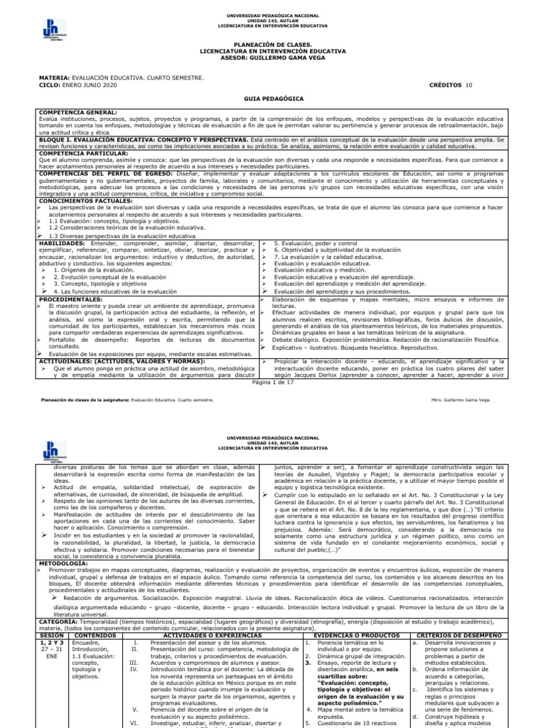Planeación de Clases: Evaluación Educativa | PDF | Evaluación | Plan de ...