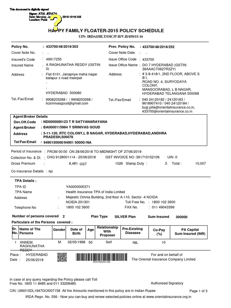 Happy Family Floater-2015 Policy Schedule: UIN: IRDAI/HLT/OIC/P-H/V.II ...